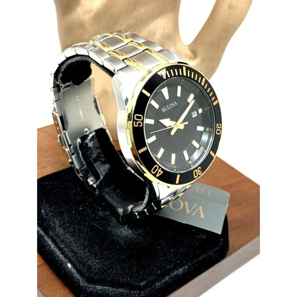 Bulova Men's Watch 98B394 Black Dial Date Quartz Two Tone Stainless Steel 44mm